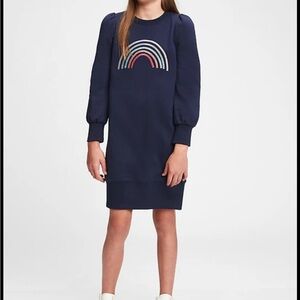 Navy Blue Gap rainbow embroidered sweatshirt dress girls medium 8/9 fleece